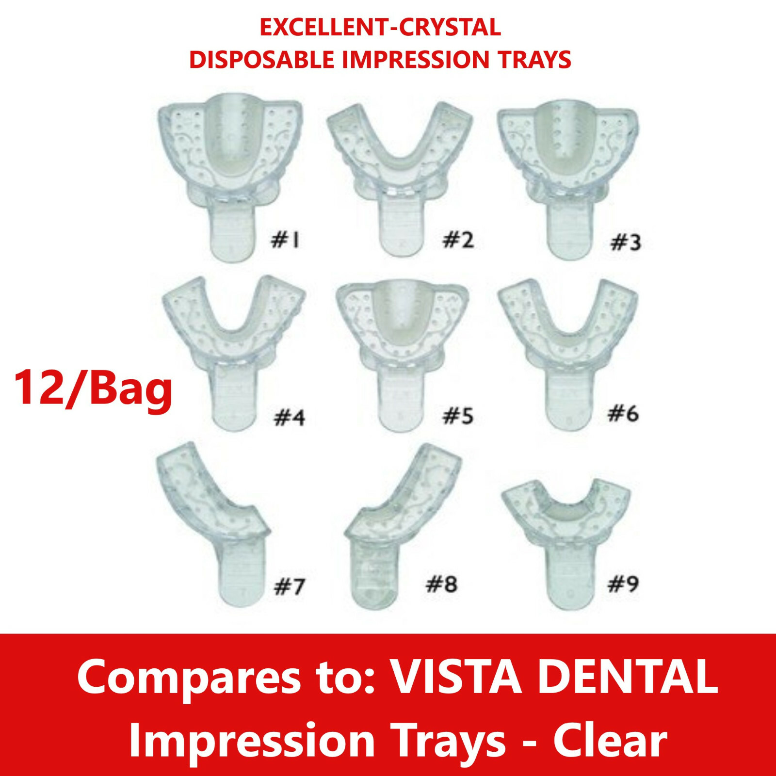 Dental Clear Impression Trays «Excellent Crystal» X-Large #1 or #2 (1 Bag of 12)