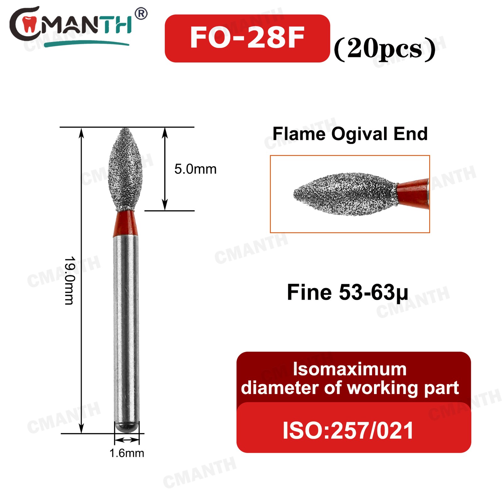20PCS Dental Diamond Burs Flame Ogival FG Coarse/Fine Grit Polishing High Speed