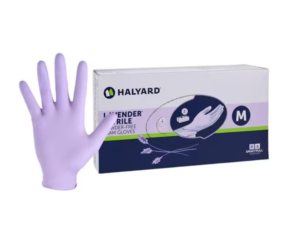 2 Boxes of 250, HALYARD Lavender Nitrile Exam Gloves, Powder-Free, Medium.