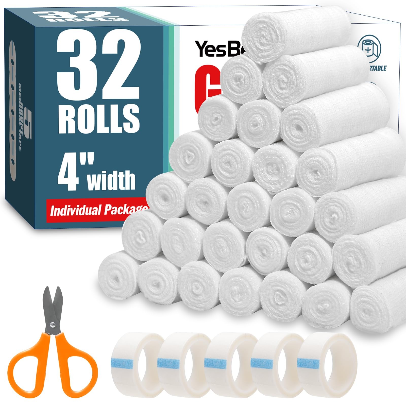 YesBes 32 Pack Gauze Rolls 4 in x 4.1 Yards Non-Stick First Aid Wound Care