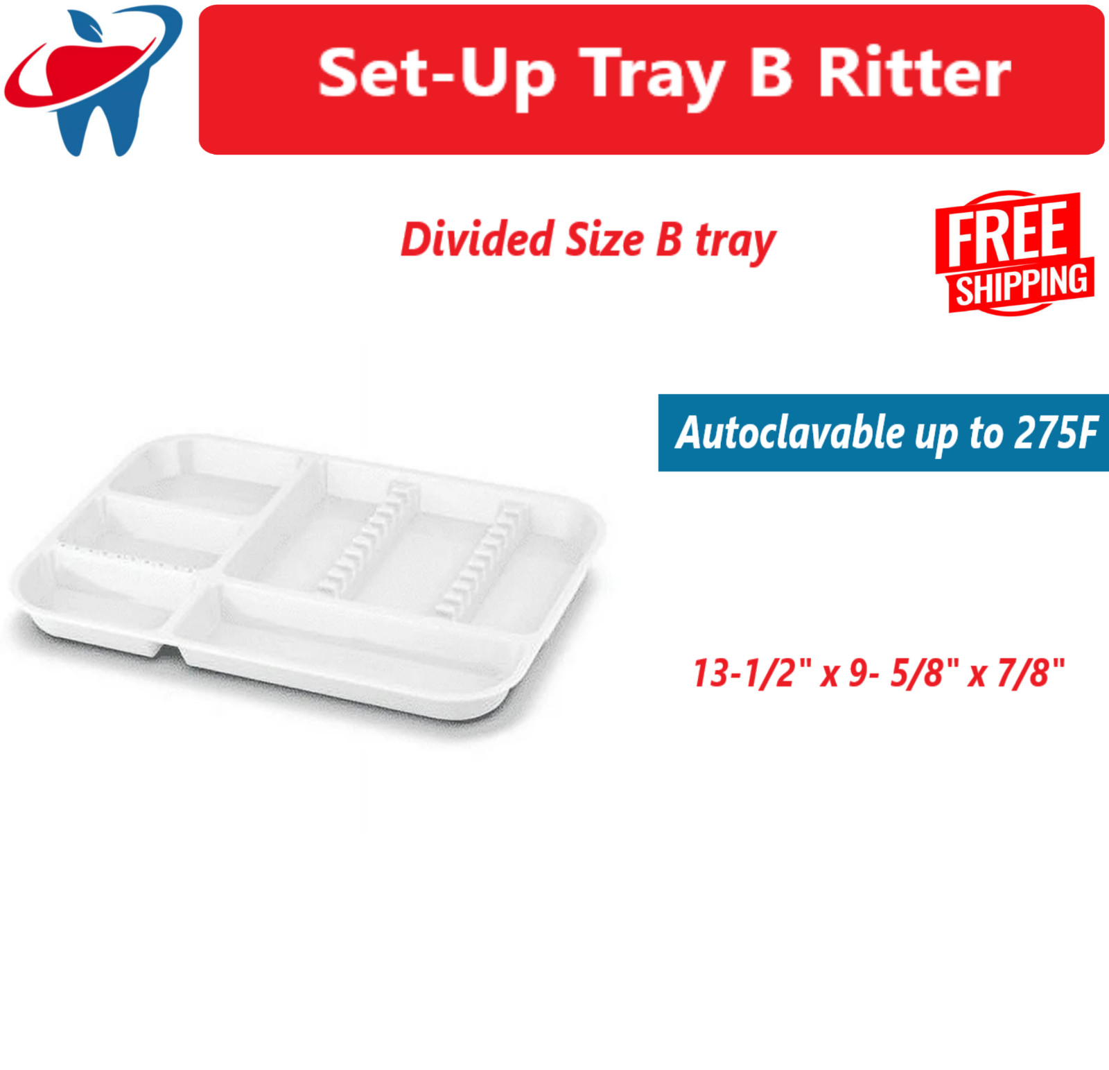 4 Trays/Pk – DENTAL SETUP TRAY DIVIDED SIZE B Ritter Trays, Autoclave to 250ºF