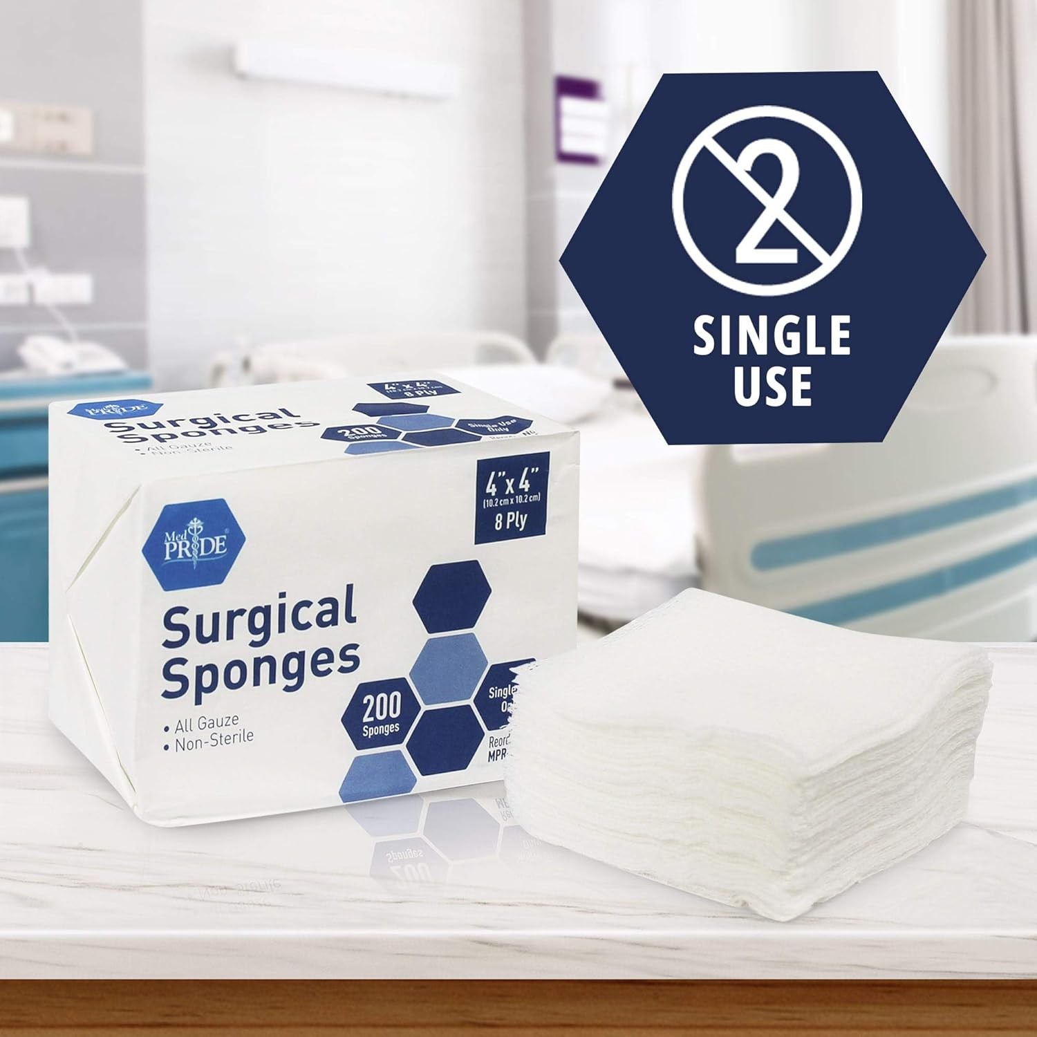 MED PRIDE Surgical Sponges 200 Pack 4» x 4», 8 ply 200 Count (Pack of 1)