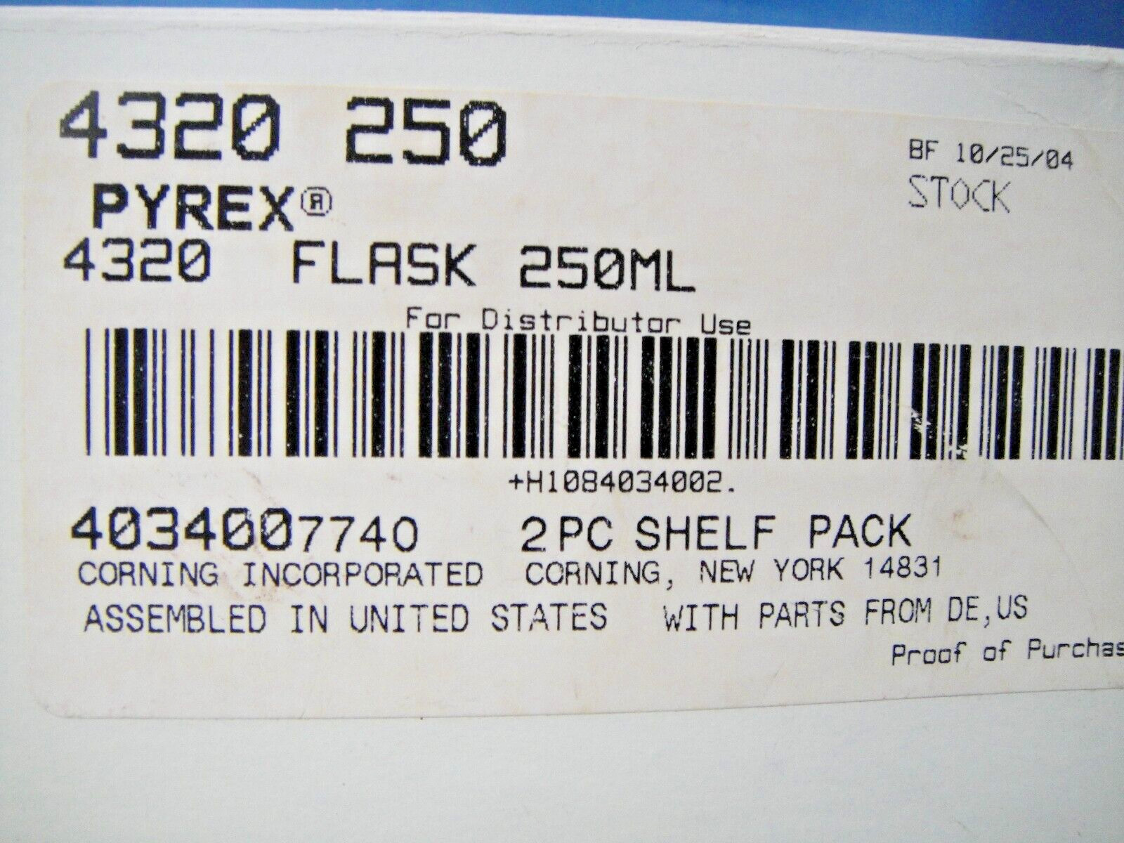 Box of 2 Pyrex 4320 Flask 250ML New