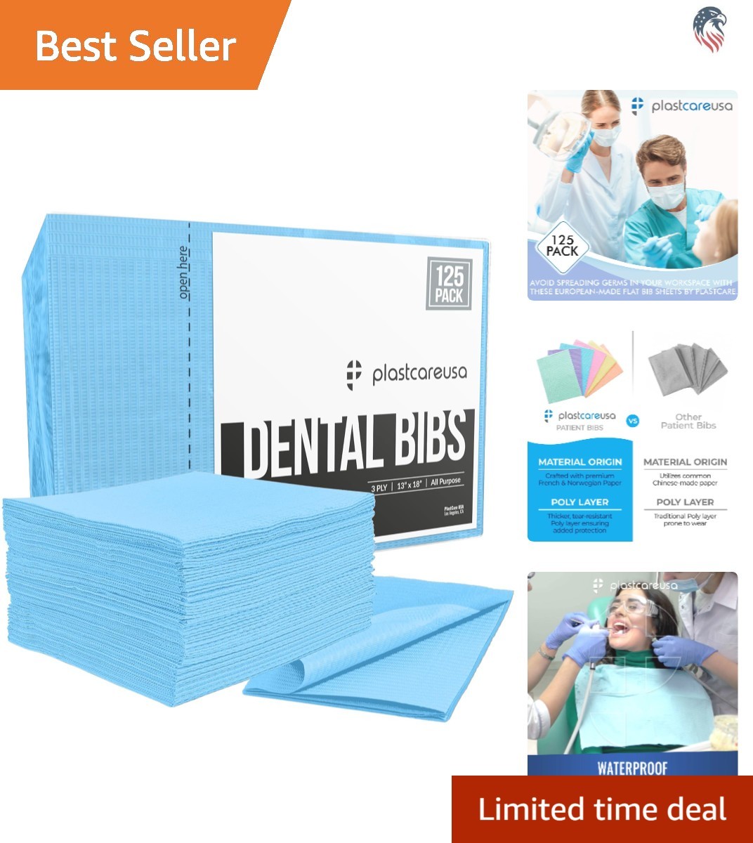 Versatile Waterproof Bibs 13×18 – 125 Pack for Dental & Tattoo Use – Solid Blue