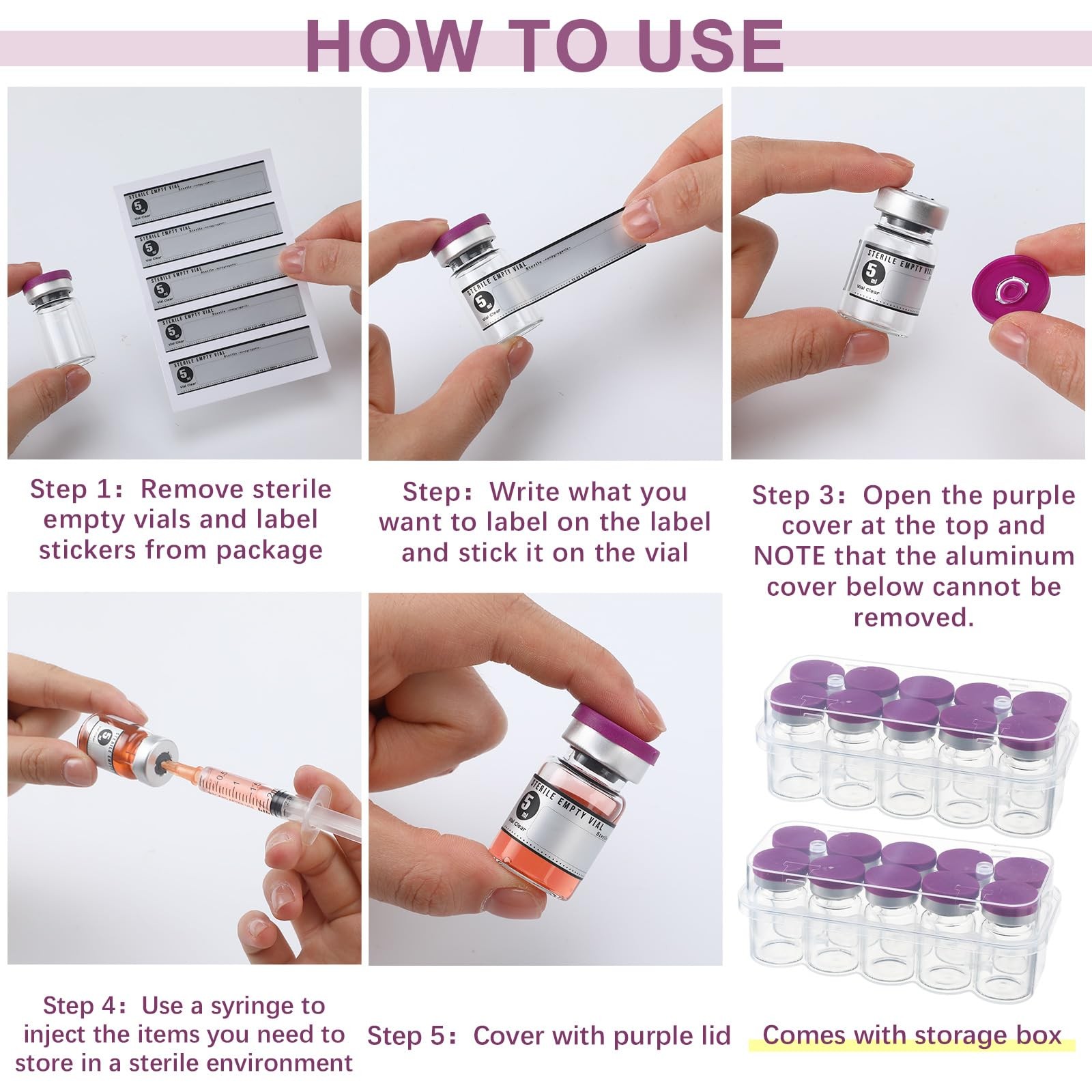 Threlaco 20 Pcs 5ml Sealed Sterile Empty Vials with Self Healing 5ml, Purple