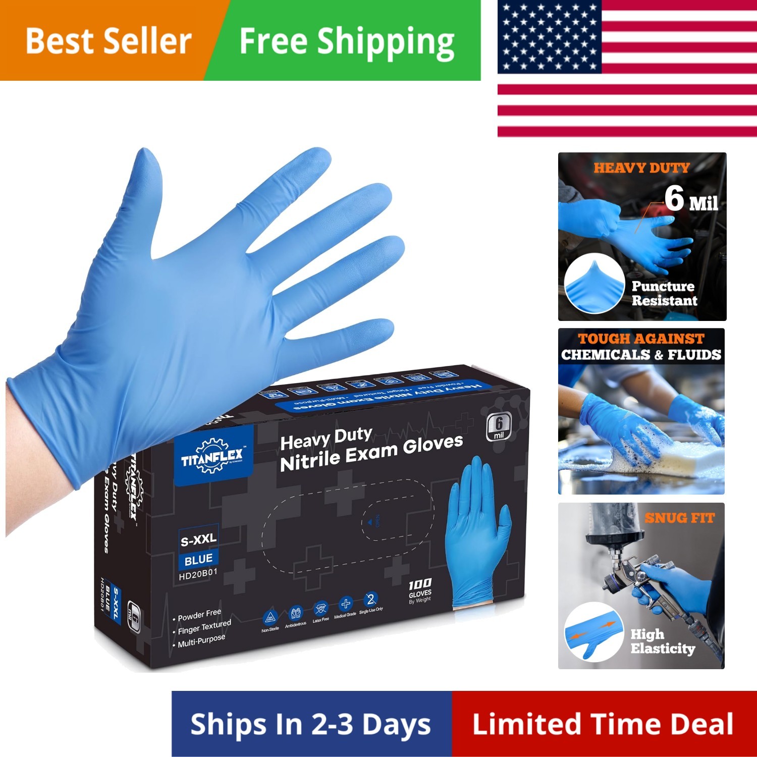 Nitrile Exam Gloves, Blue, 6-mil, Heavy Duty Nitrile Gloves, Mechanic Disposa…