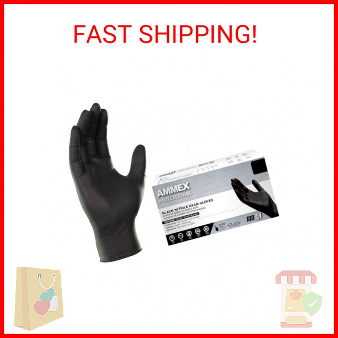 AMMEX Black Nitrile Exam Gloves, Box of 100, 3 Mil, Size Large, Latex Free, Powd