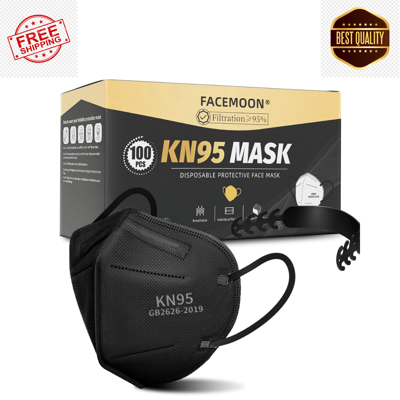KN95 Face Masks Black Adults – 100 Pack KN95 Disposable Comfortable 5-Layer S…