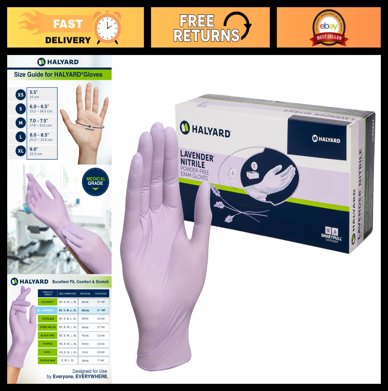 Lavender Nitrile Exam Gloves, 3.1 Mil, 9.5″, Medium, Box of 250 – Powder-Free, N