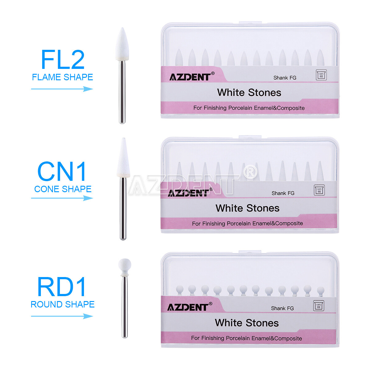 Dental White Stone High Speed Polishing Burs FG Cone/Flame/Round Aluminum Oxide