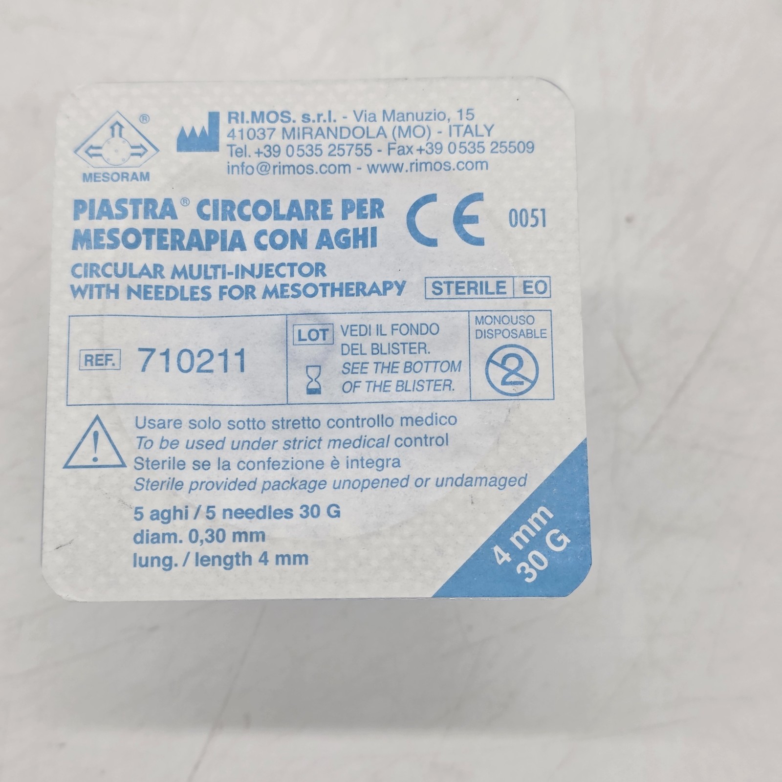Mesoram Sterile Needle Plate 5 Needle 30G 4mm Exp 10/2028 Ref 710211