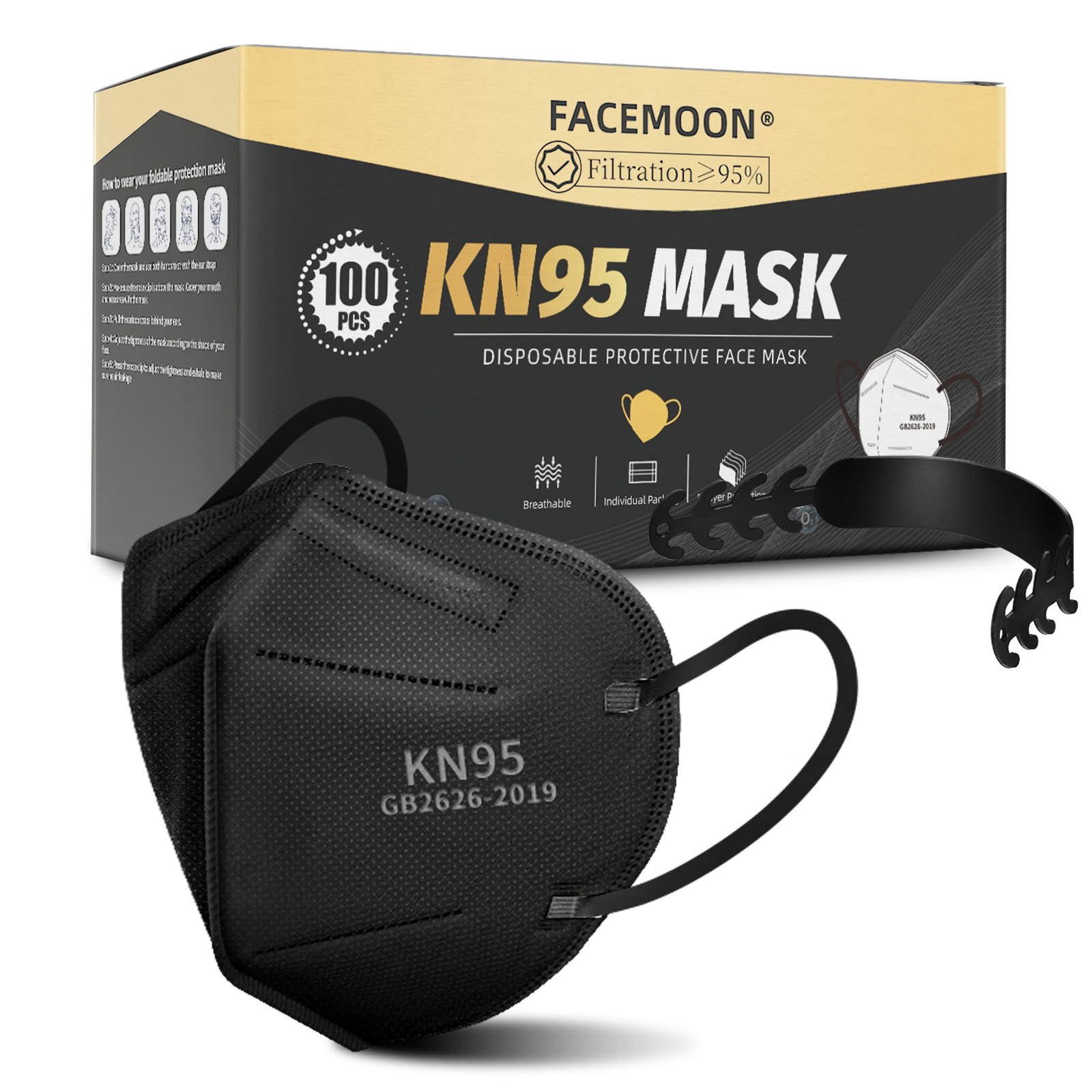 KN95 Face Masks Black Adults – 100 Pack Disposable Masks Comfortable 5-Layer …