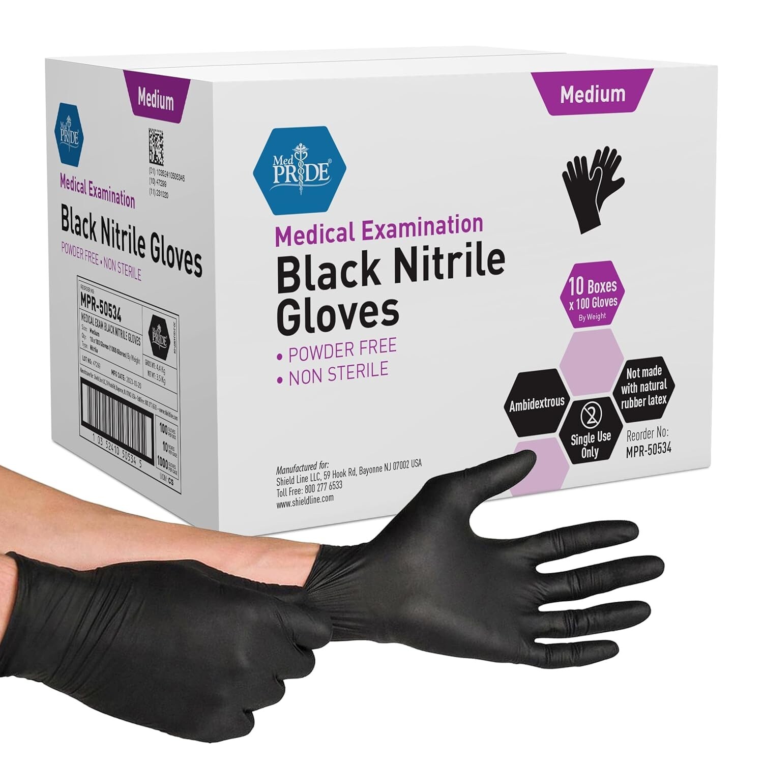 MedPride Medical Examination Nitrile Gloves,N/S Powd.Free, Medium,Black-1000/Box