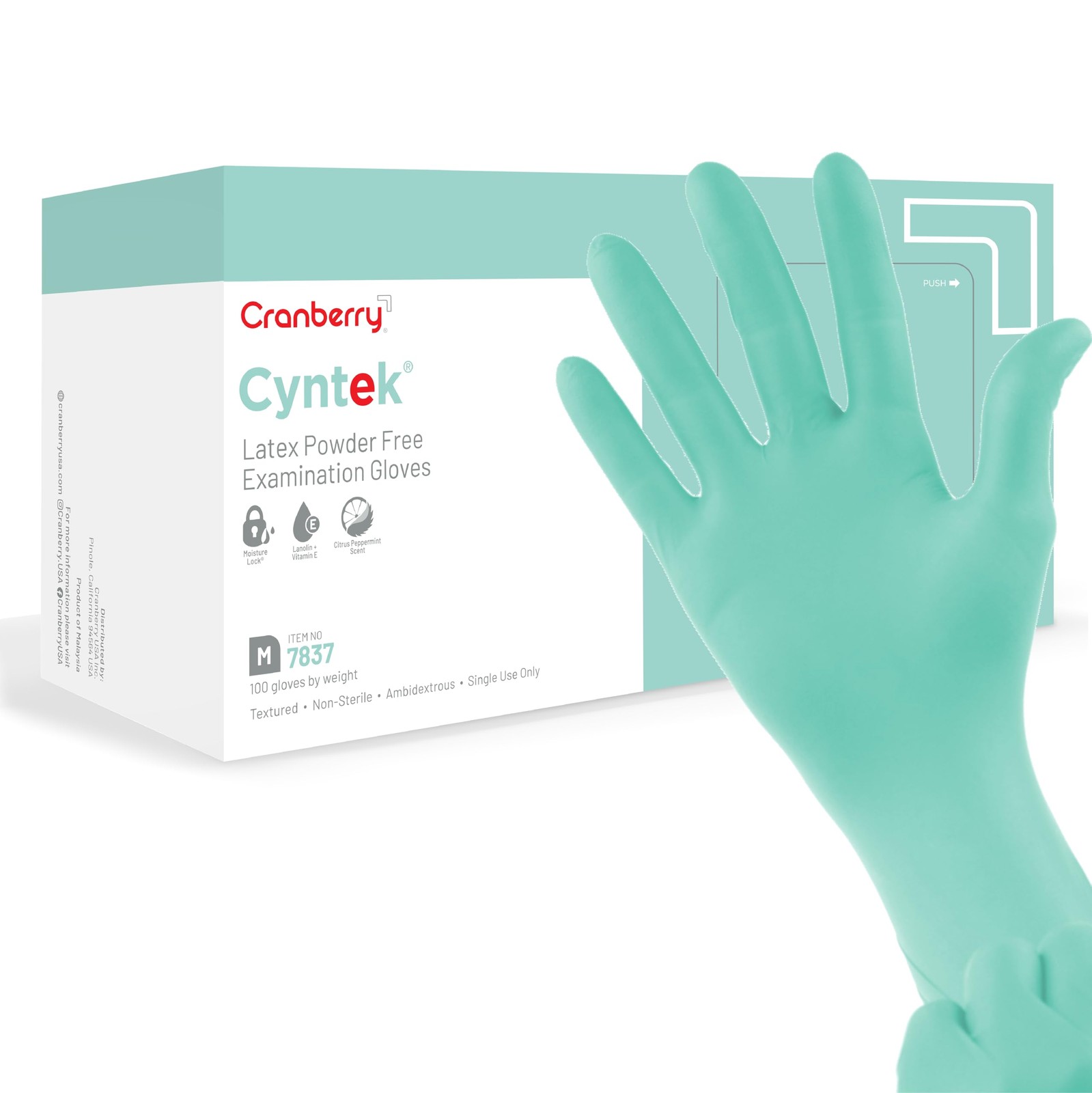 CR7837 Cyntek Latex Powder Free Exam Gloves, Medium, Green (Pack of 100)