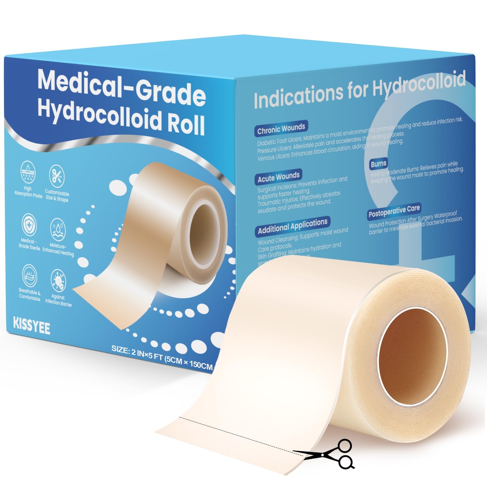 Hydrocolloid Roll Bandages, 2IN x 5FT Extra Large 2in × 5ft, Translucent