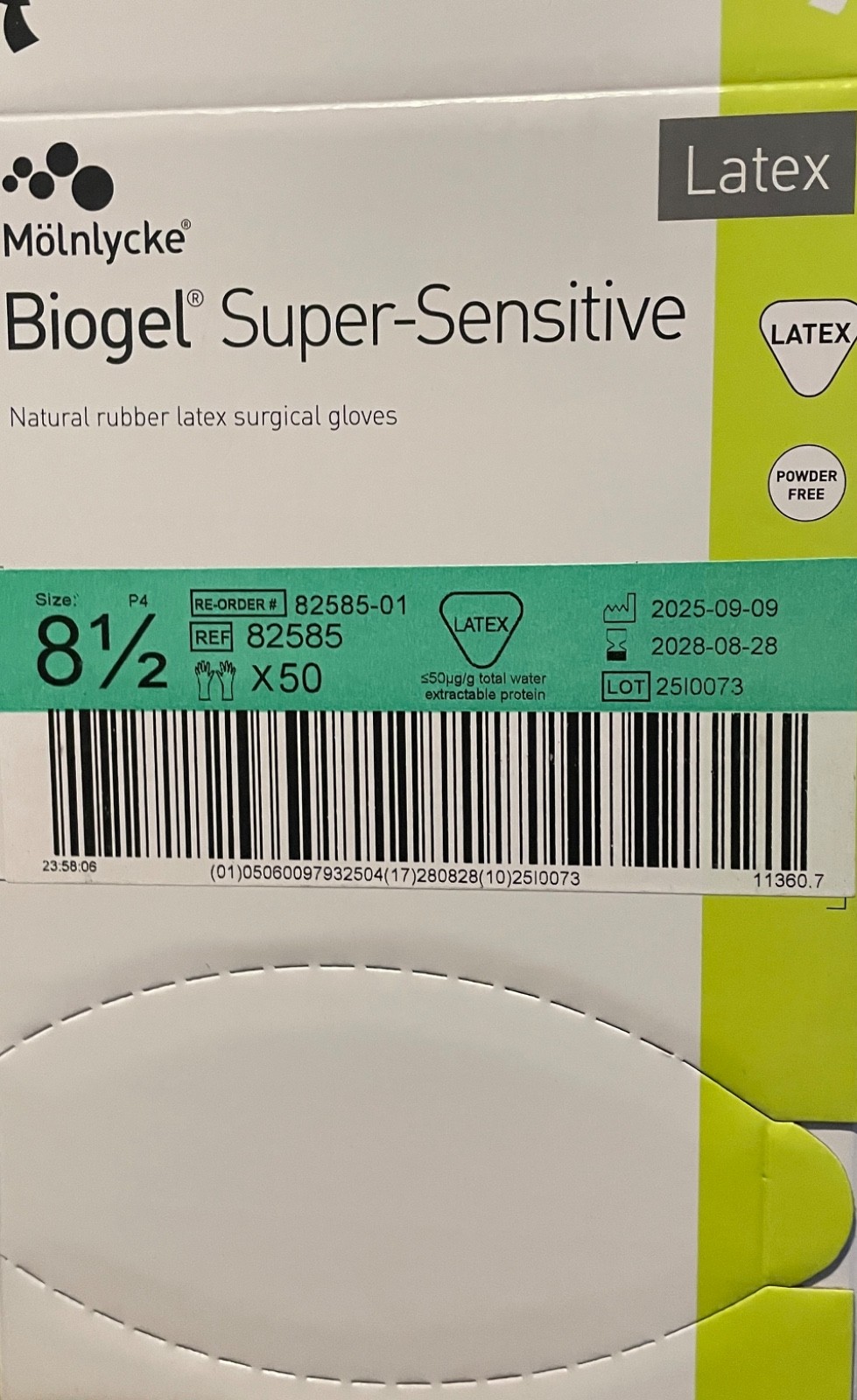 Molnlycke Biogel Super-Sensitive Gloves 30590 SIZE 8.5 -50 PAIRS -ref 82580