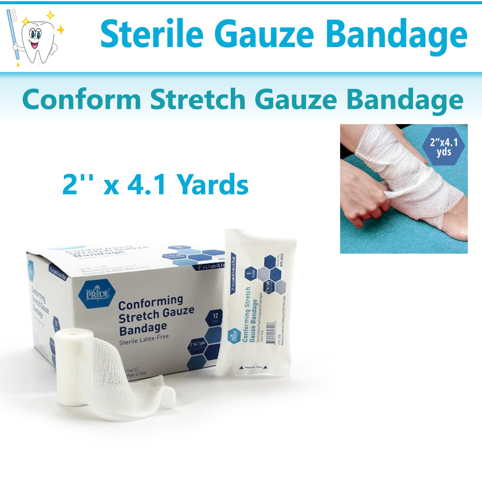 Conforming Stretch Gauze Bandages 2» x 4.1 Yards, 12 Rolls, Sterile, Latex Free