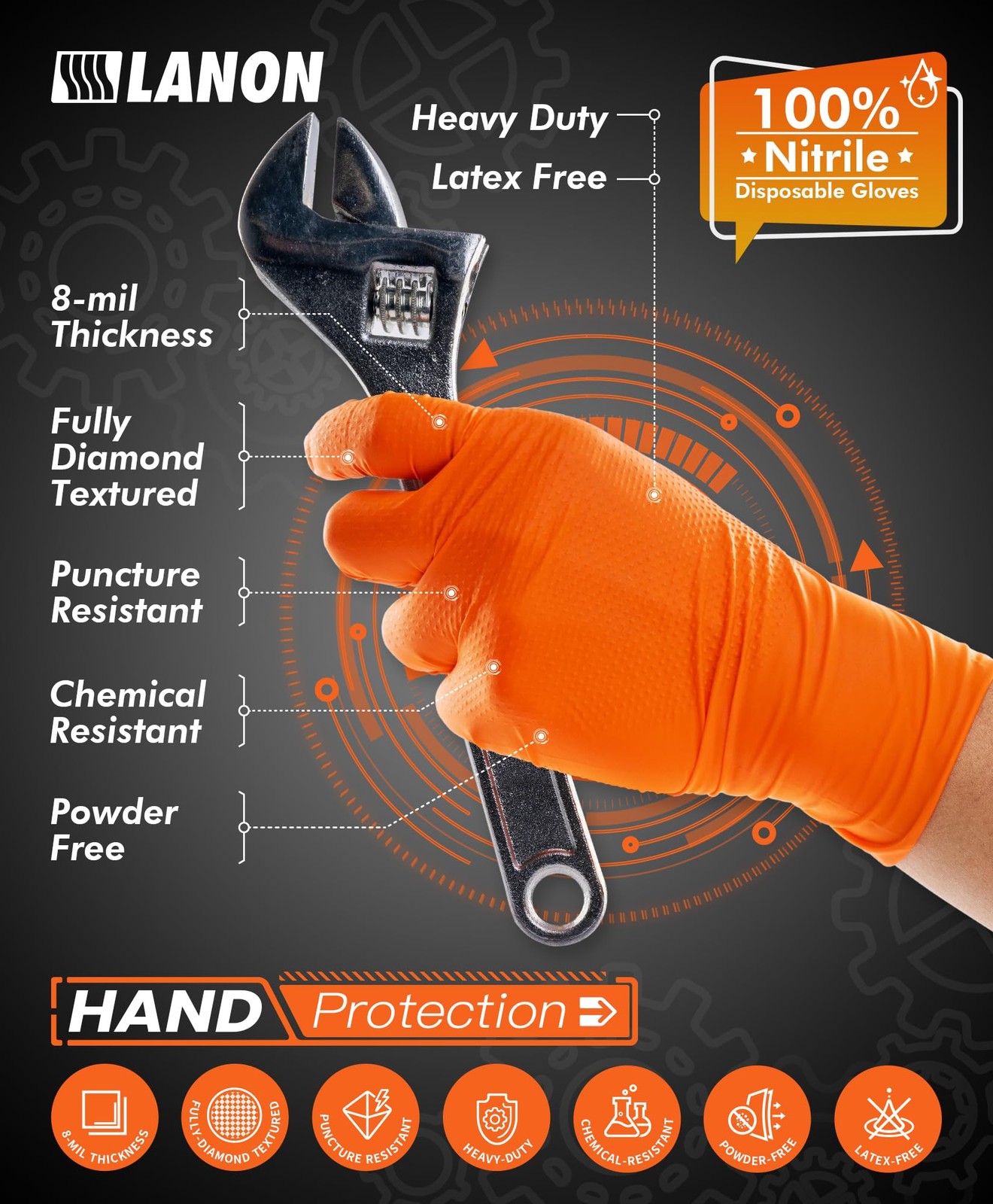 LANON 8mil Orange Disposable Nitrile Gloves, Mechanic, Heavy Duty, Food Safe,…