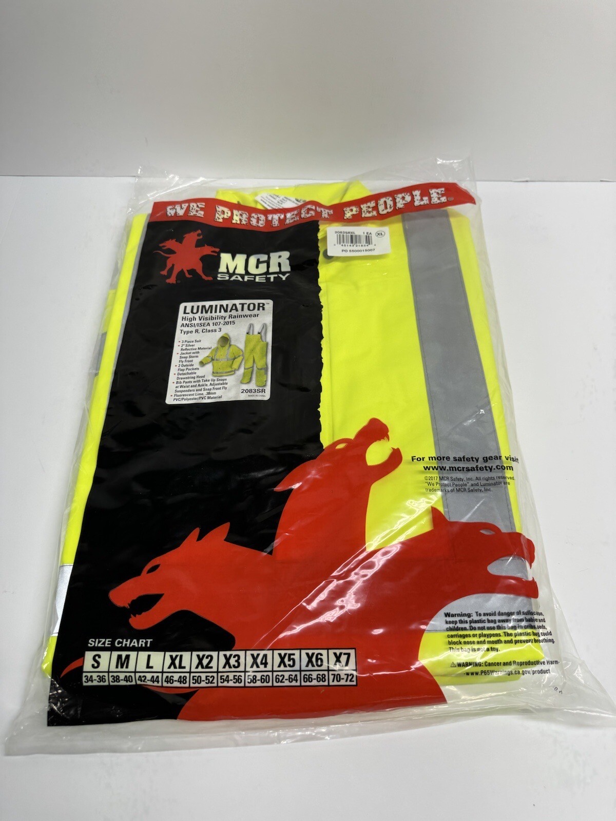 MCR SAFETY 2083SRXL Hi Vis Rain Suit w/Bib Pants Luminator Series New Class3 XL