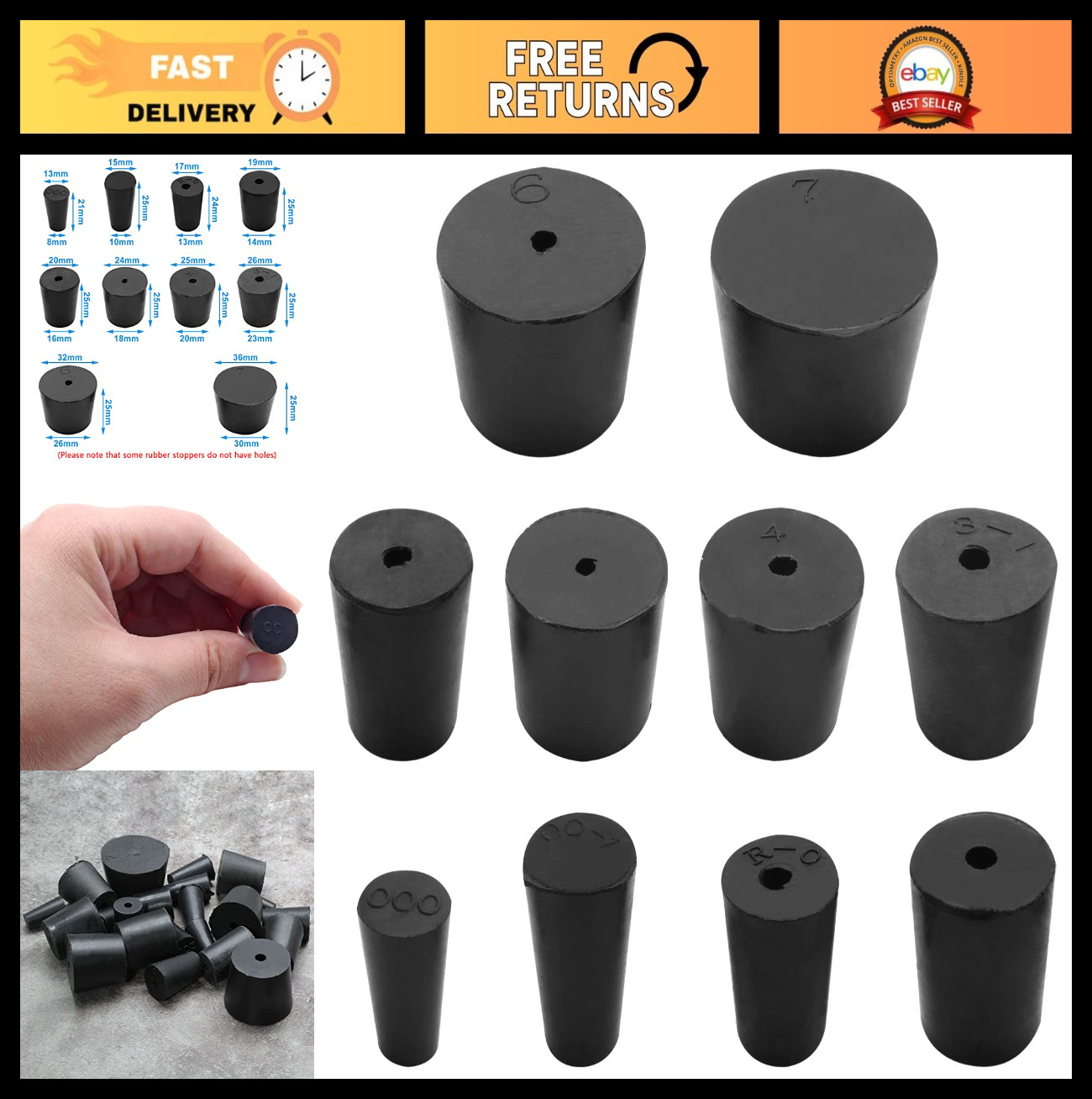 22 Pack Tapered Rubber Stoppers for Test Tubes – 10 Sizes – Lab Plug Set – Black