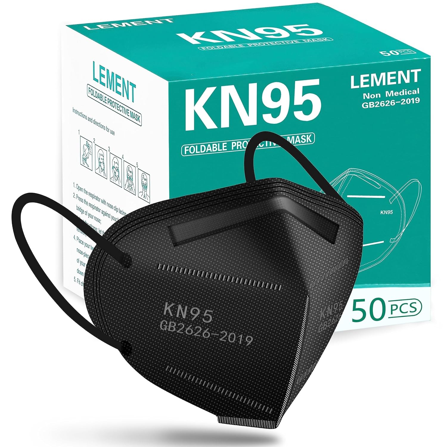 LEMENT 50pcs KN95 Face Mask Black 5 1 Count (Pack of 50), Adult-50 Pack-black