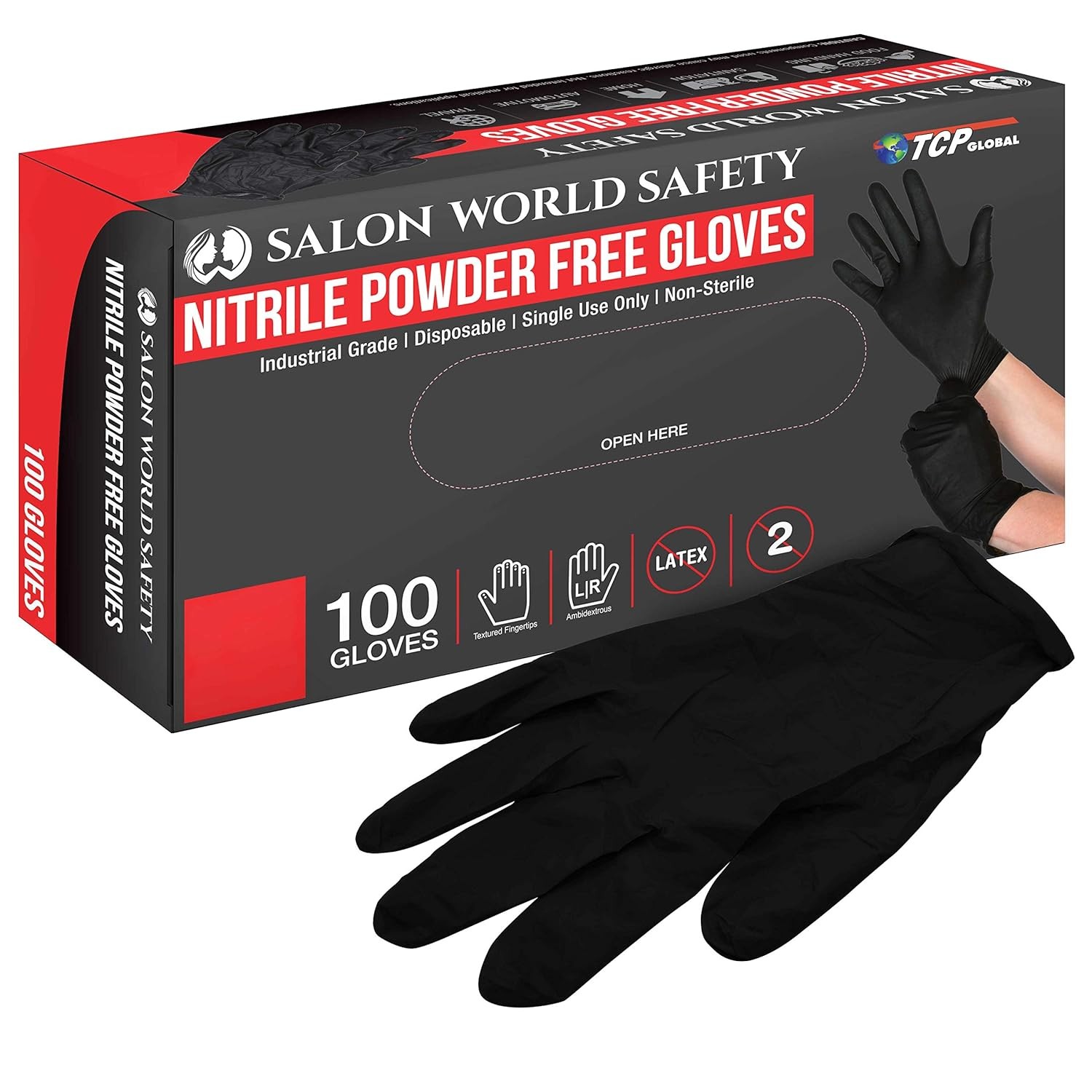 Salon World Safety Black Nitrile Disposable Gloves, Box of 100, Size X-Large, 5.