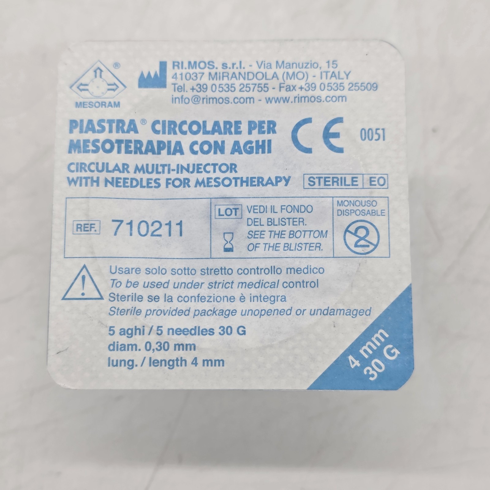 Mesoram Sterile Needle Plate 5 Needle 30G 4mm Exp 10/2028 Ref 710211