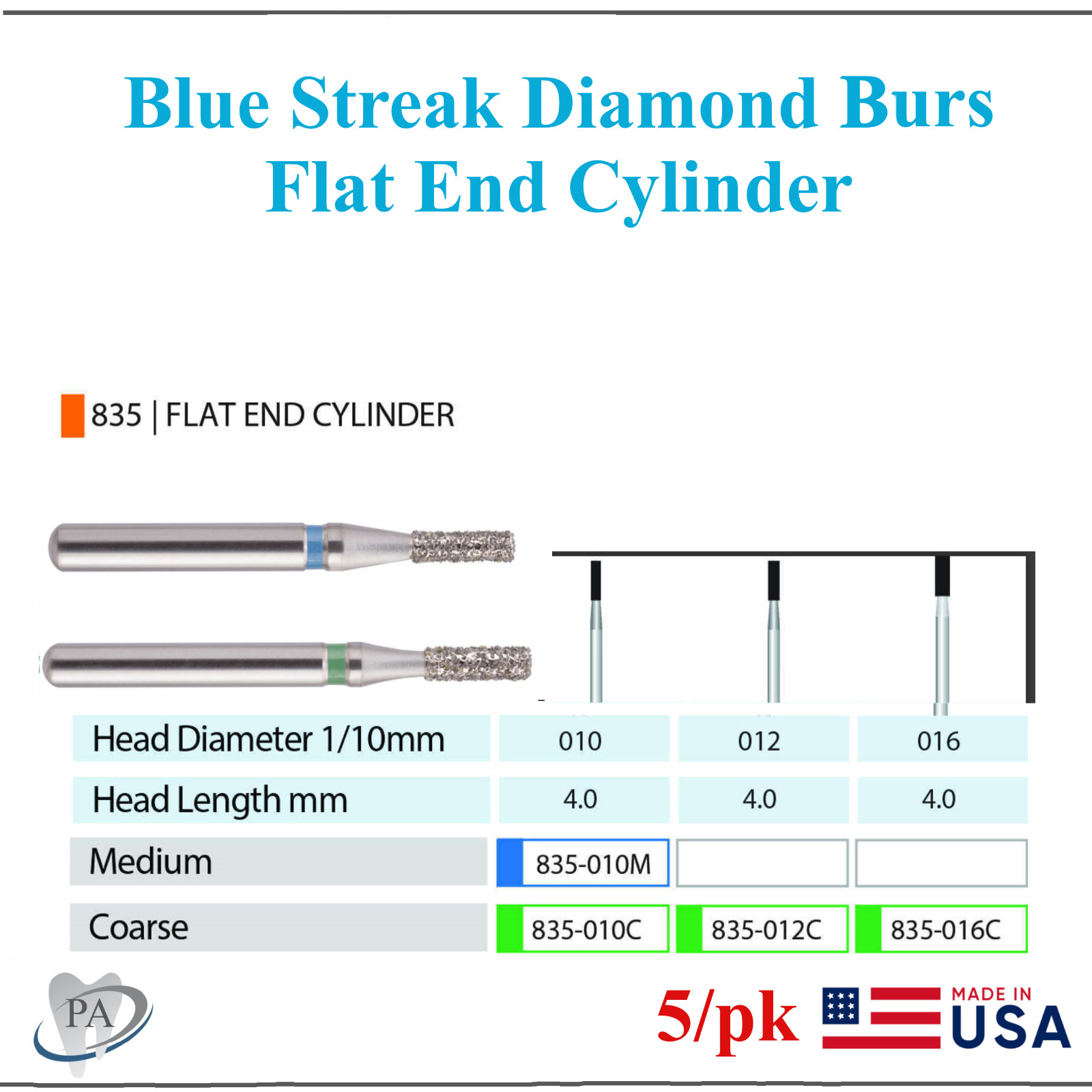 Blue Streak Dental Diamond Burs Flat End Cylinder Coarse, Medium 835.010, 5/Pk