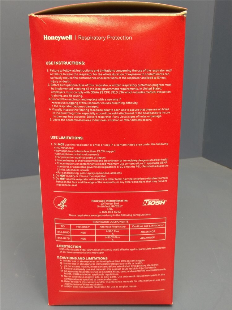 N95 Face Mask Honeywell H910 Plus NIOSH Approved N-95 Respirator 50Box