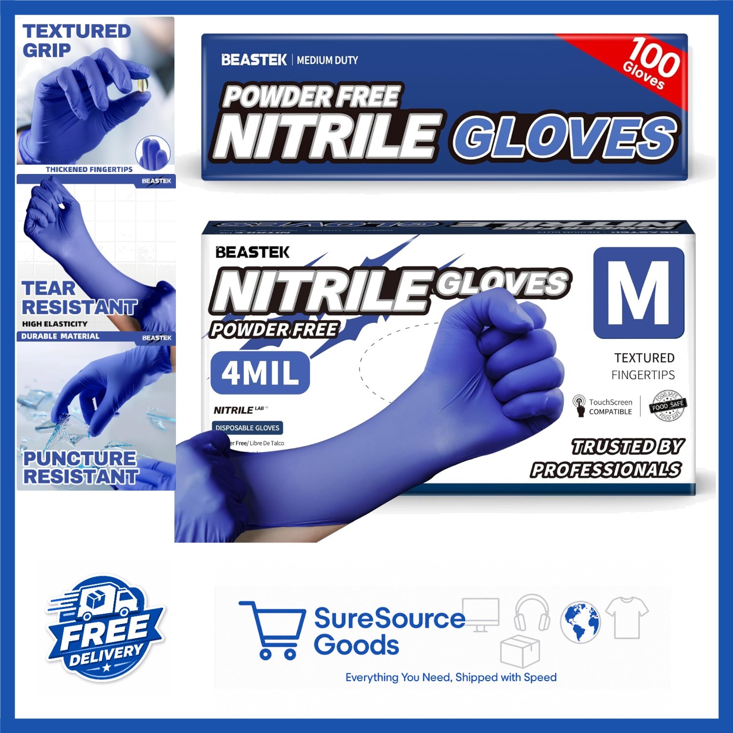 Blue Violet Nitrile Gloves 100 Pcs Medium Powder-Free Disposable for Food
