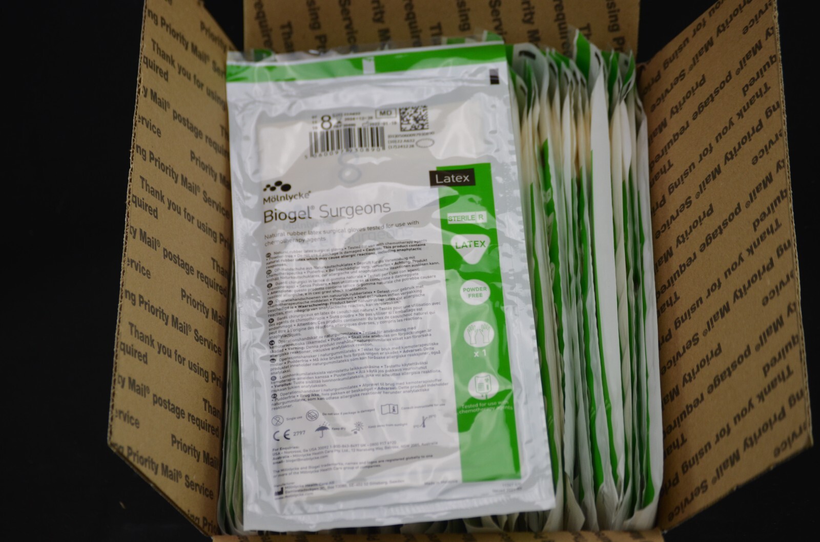 Molnlycke 30480, Latex Biogel Surgeons Gloves, Size 8, 50/BX EXP 2024-12-28