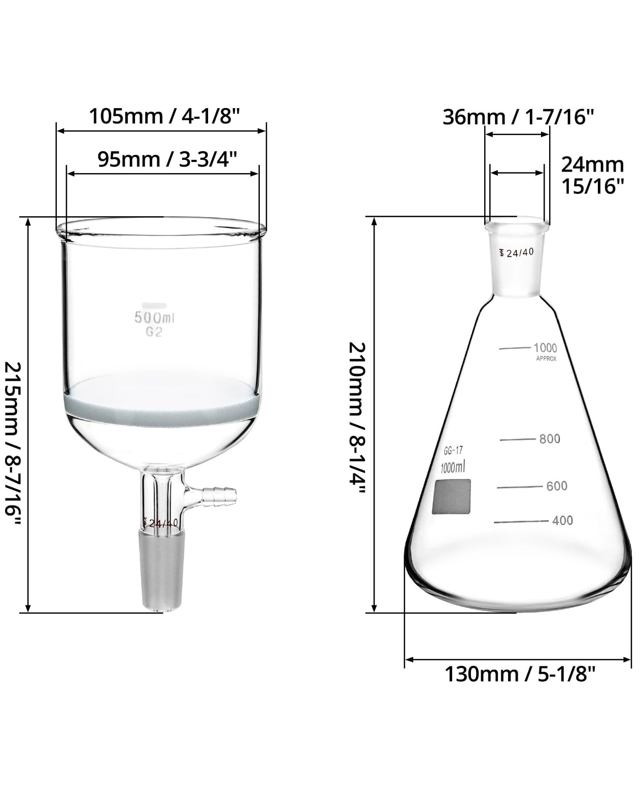 500ml Buchner Funnel & 1000ml Erlenmeyer Flask Set 24/40 Joint Lab Glassware Kit
