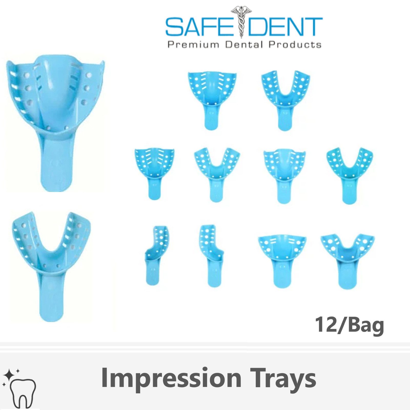 Dental Impression Trays Plastic Perforated 12PCS Set Upper/Lower S/M/L/XL, Blue