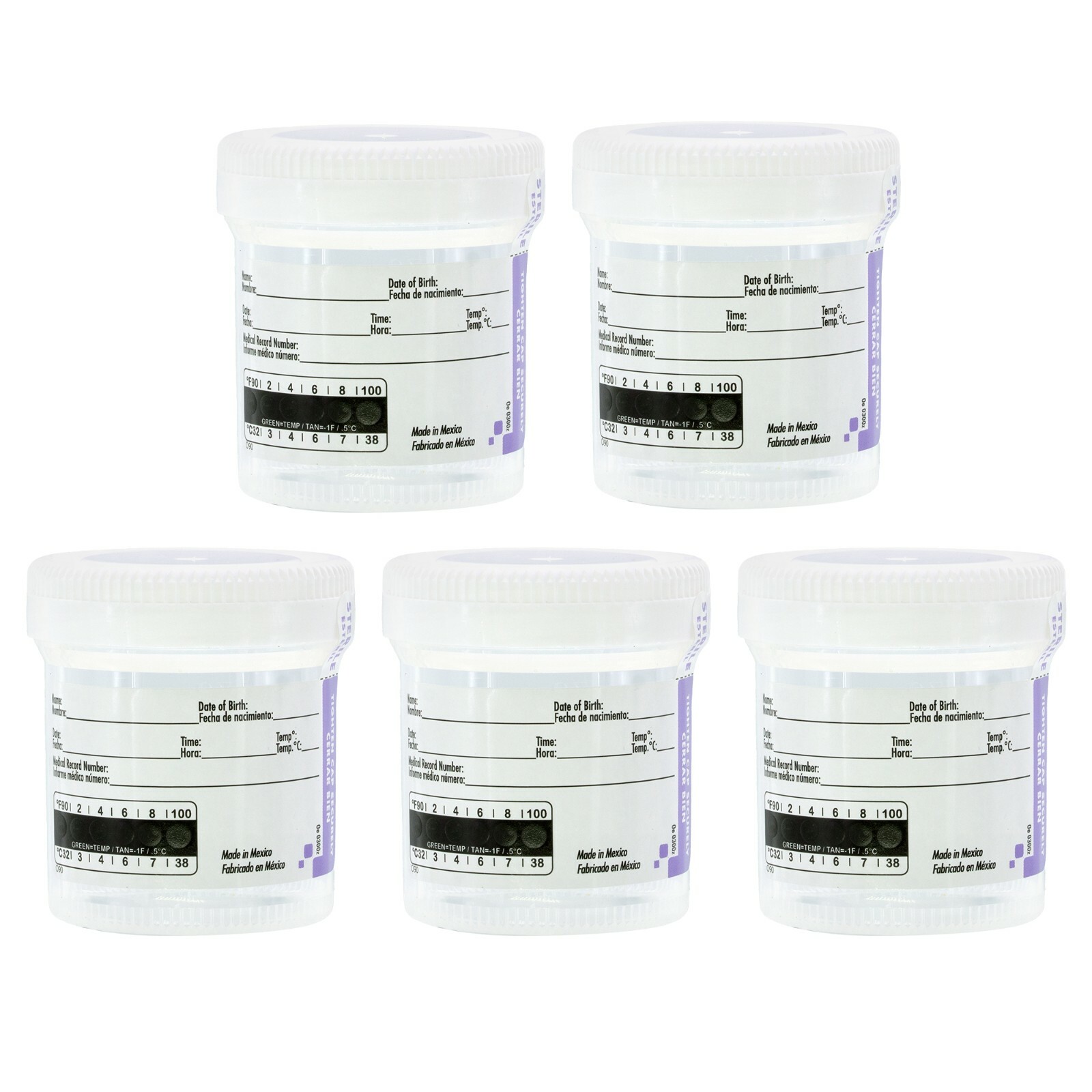 (5) Specimen Cups Urine Collection 120 mL – 3oz W/ LID +ID Area + temperature