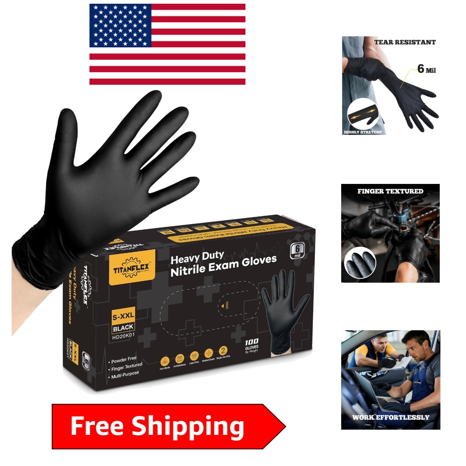 Latex-Free Black Nitrile Exam Gloves – 6-Mil Puncture Resistant, 100ct Large