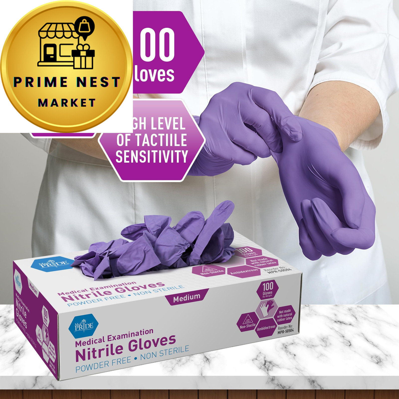 MedPride Powder-Free Nitrile Exam Gloves, Medium (Pack of 100), Iris Blue