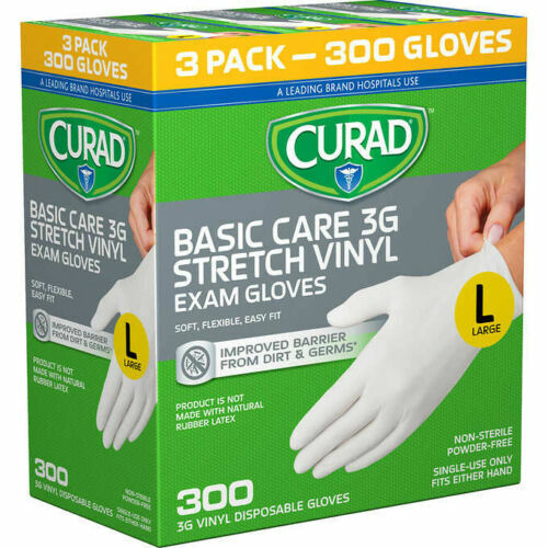 Curad Basic Care 3G Vinyl Exam Gloves, Large, 300 ct