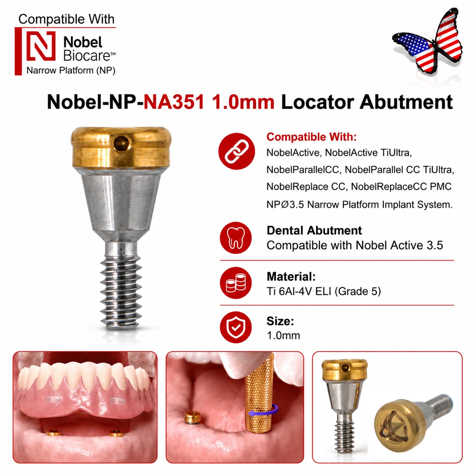 US ZEST LOCATOR Legacy Abutment NobelActive Replace CC 3.5mm NP 4.3mm RP Ti Caps