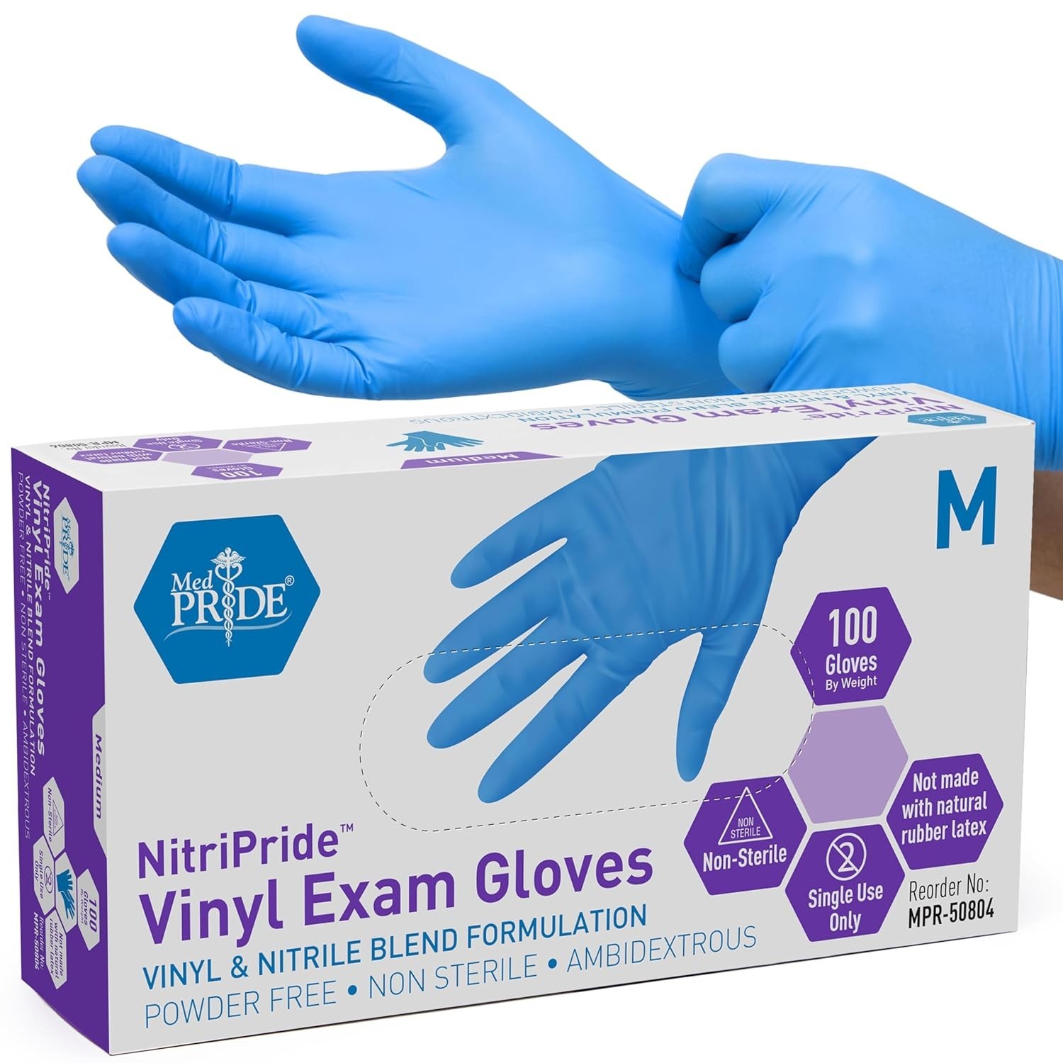 Blue Nitrile/Vinyl Blend Exam Gloves – Latex & Powder-Free, Disposable, Medium