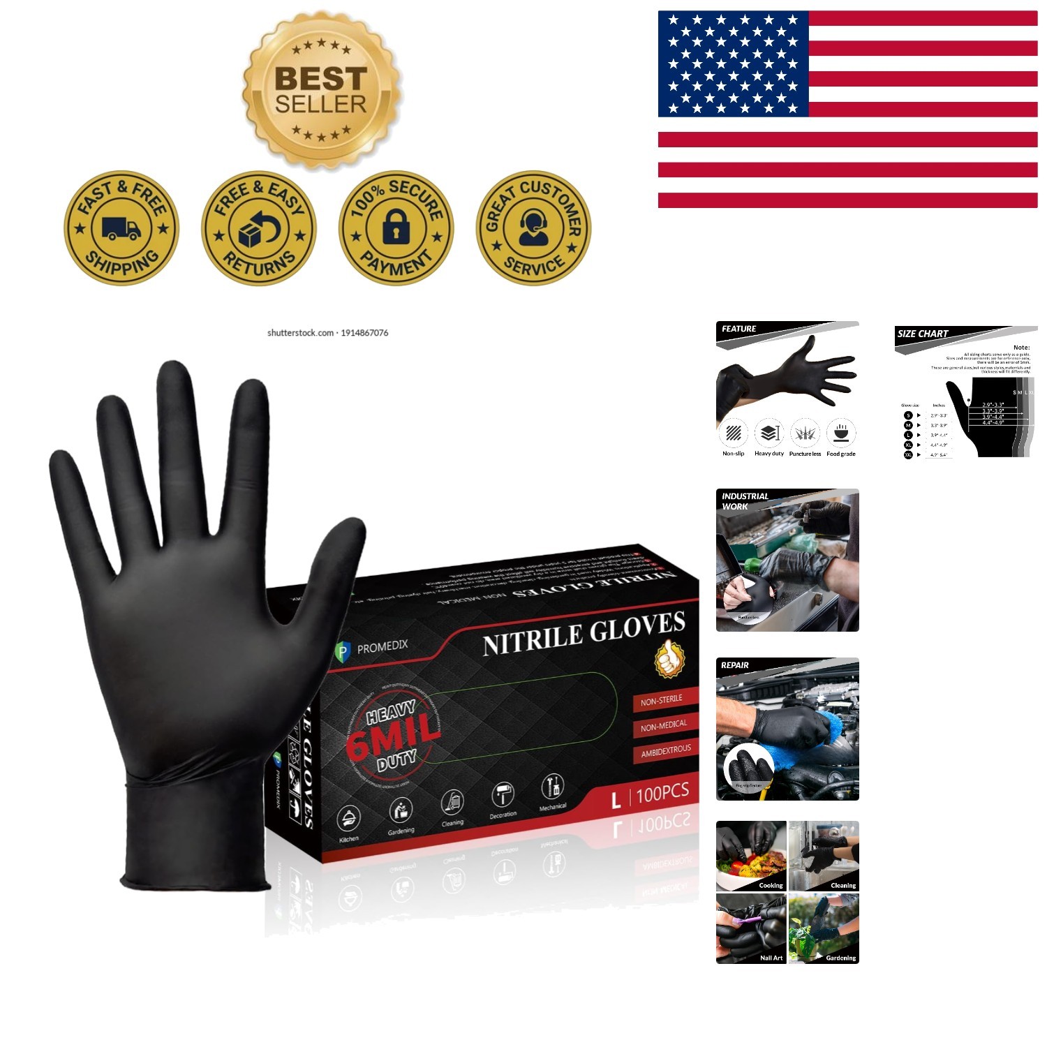 Ergonomic Black Nitrile Gloves 6-Mil, 100 Count – Latex-Free for Sensitive Skin