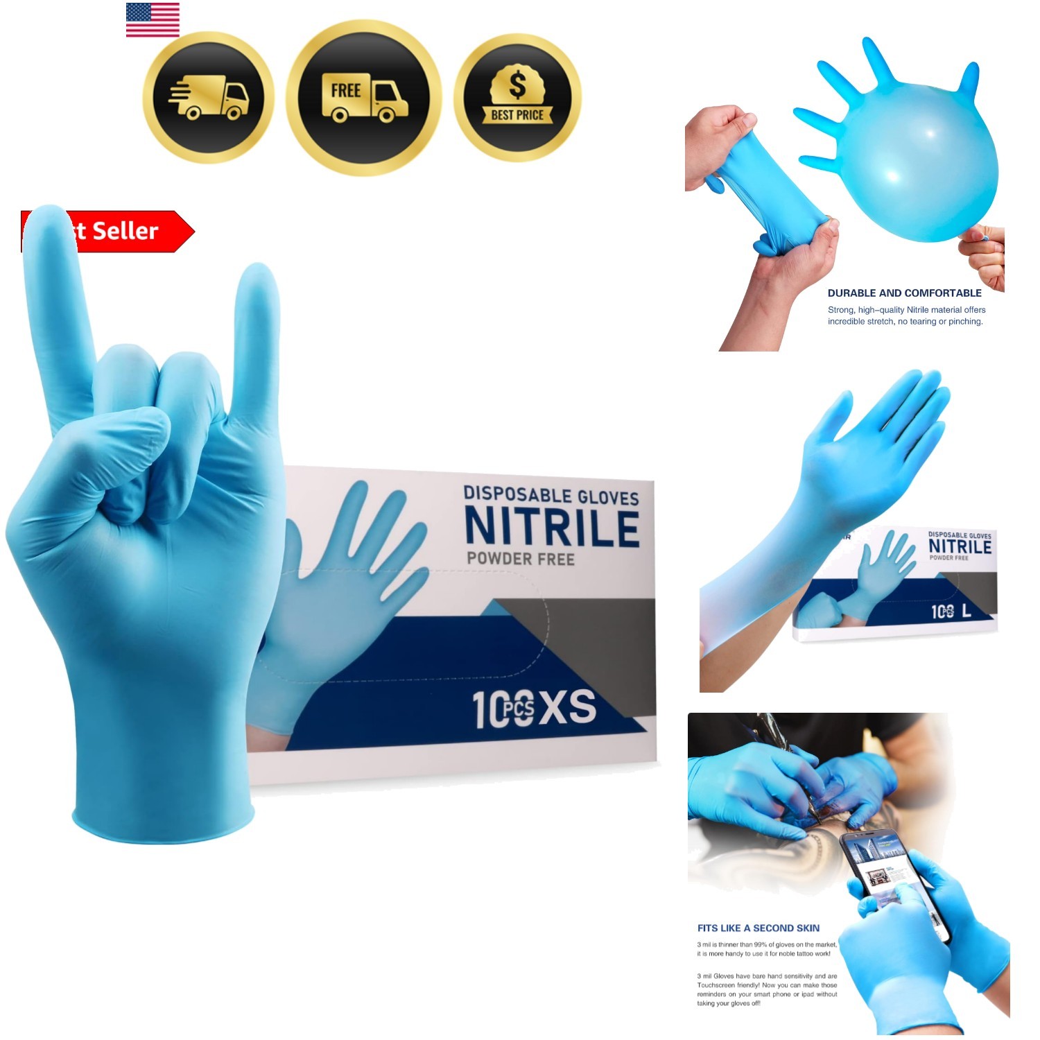 Nitrile Disposable Gloves Powder & Latex Free 4mil Touch Screen Disposable No…
