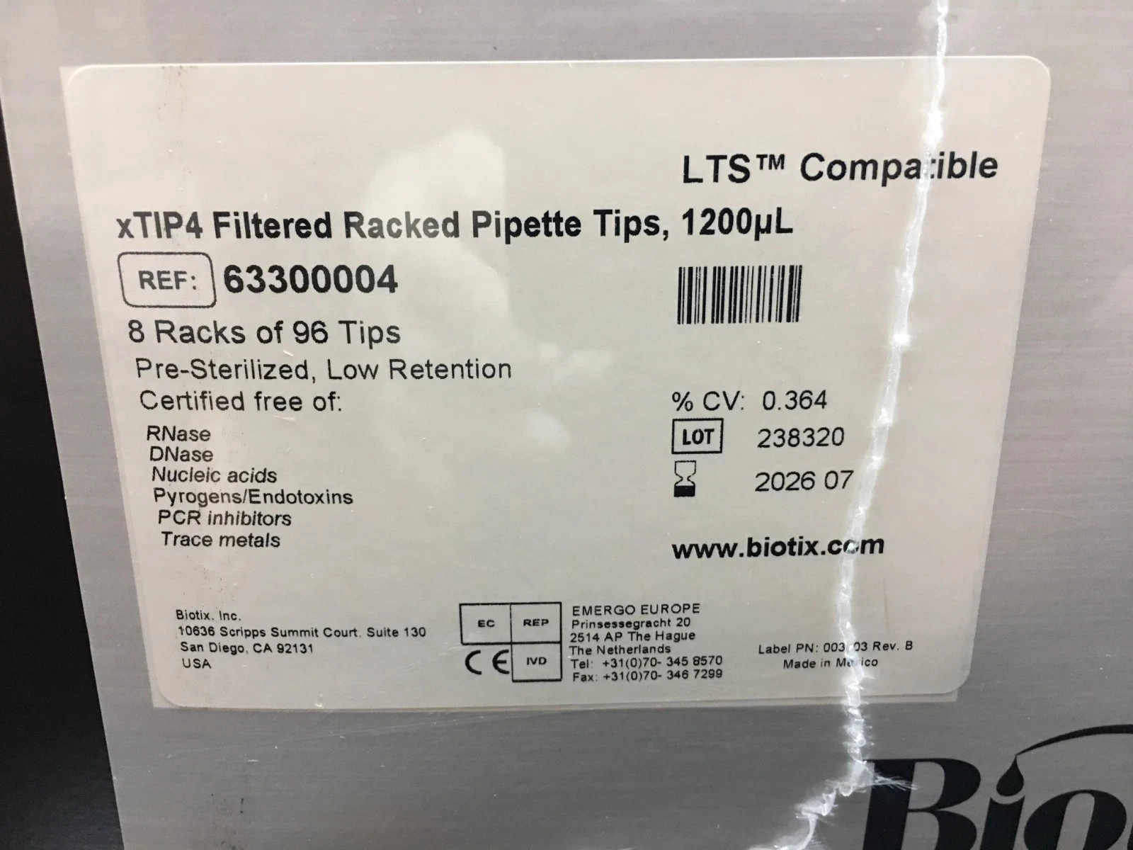 Biotix REF 63300004 xTIP4 LTS Compatible Filtered Racked Pipette Tips 1200uL