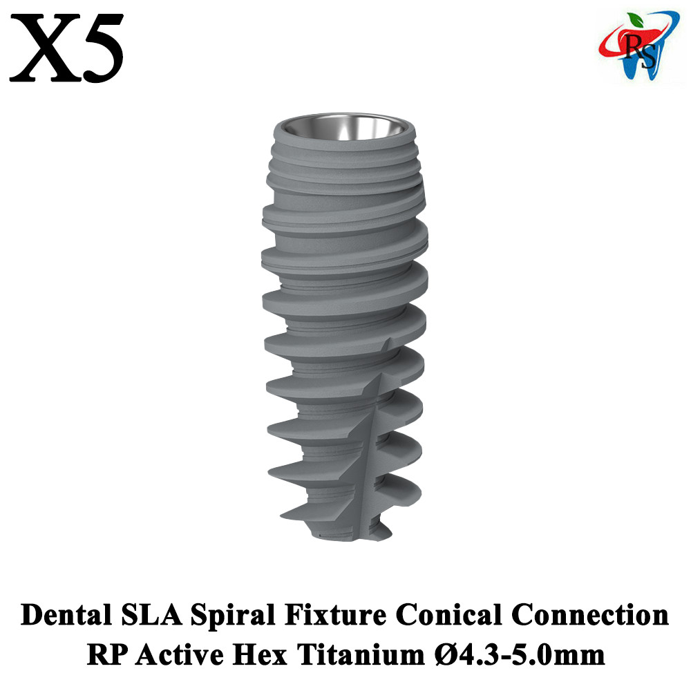 5x Dental SLA Spiral Fixture Conical Connection RP Active Hex Titanium Ø4.3-5mm