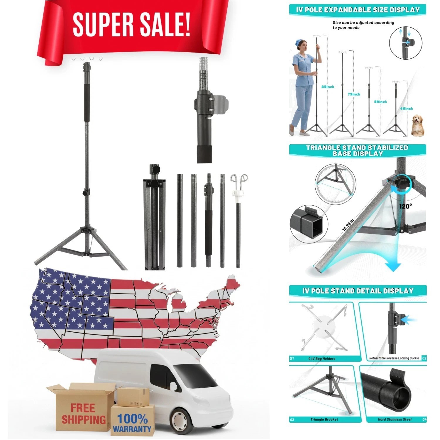Adjustable IV Stand 46-86in – Portable 4 Bag Holder, Stainless Steel Stability