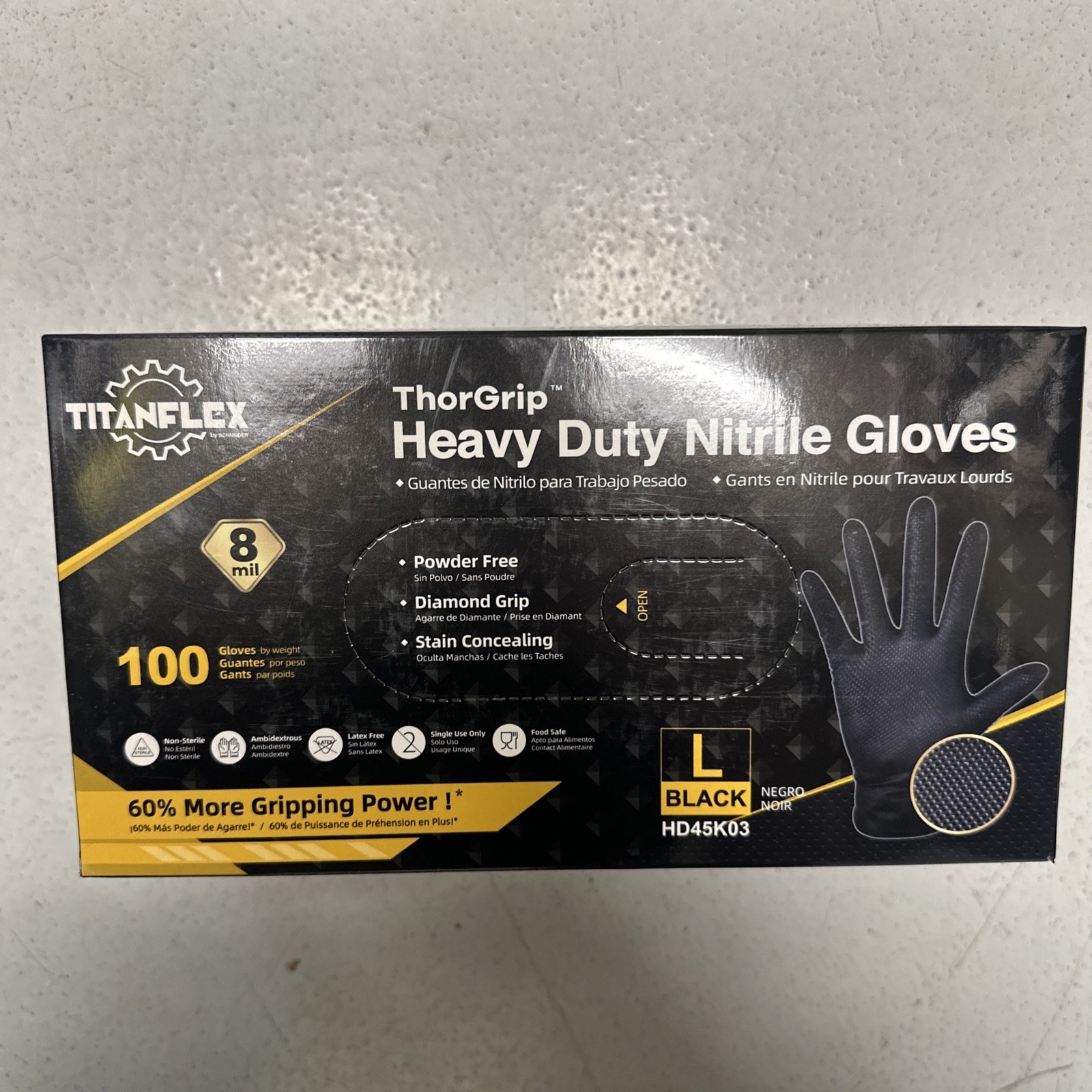 Heavy Duty Black Industrial Nitrile Gloves, 8-mil, Large, Box of 100,