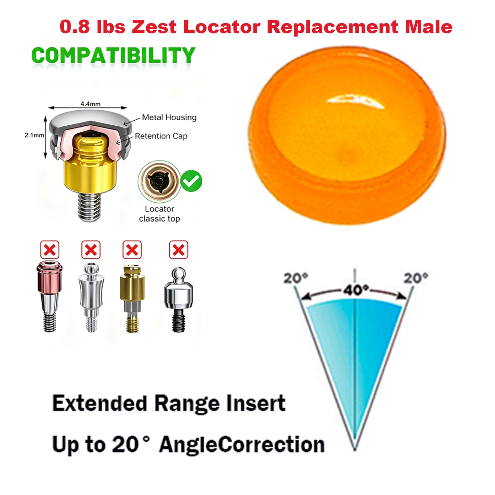 ZEST LOCATOR Classic Abutment Zimmer TSV Internal Hex Ø3.5/4.5mm Male Cap Insert