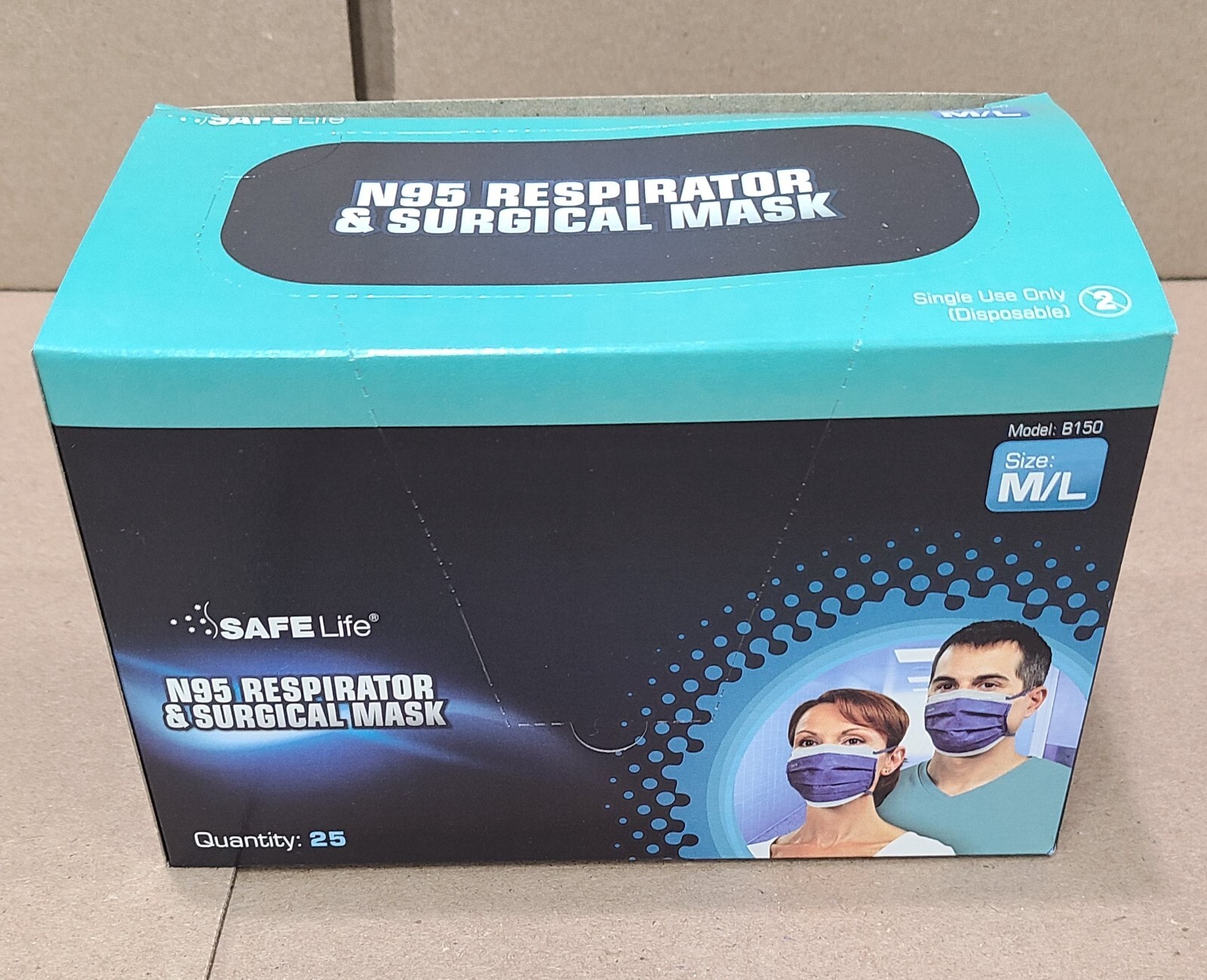 Box of 25 SAFE-Life N95 Respirator & Surgical Face Masks, Soft Blue Made in USA