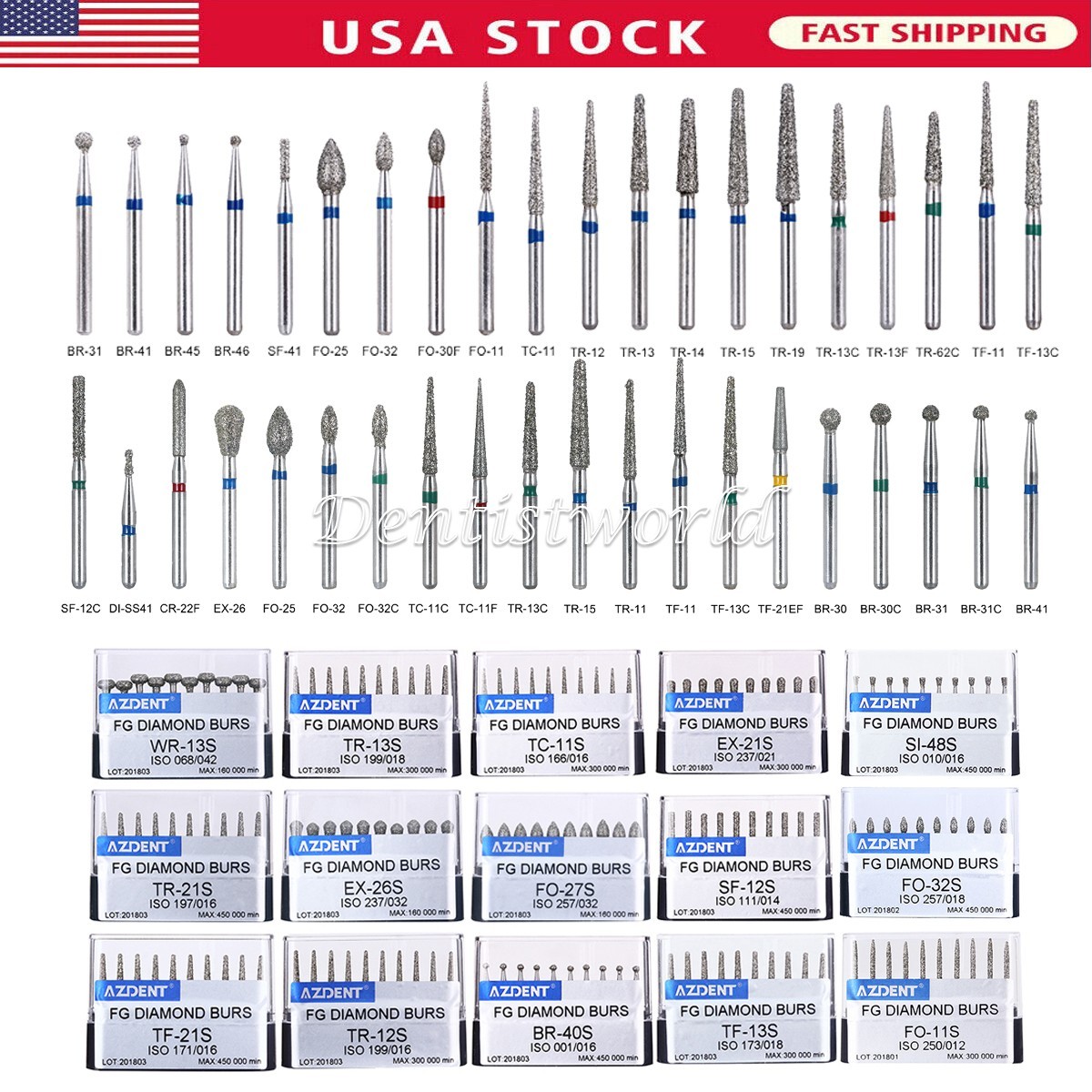 100Pc/200Pc AZDENT Dental Diamond Burs polishing Kit FG for High Speed Handpiece