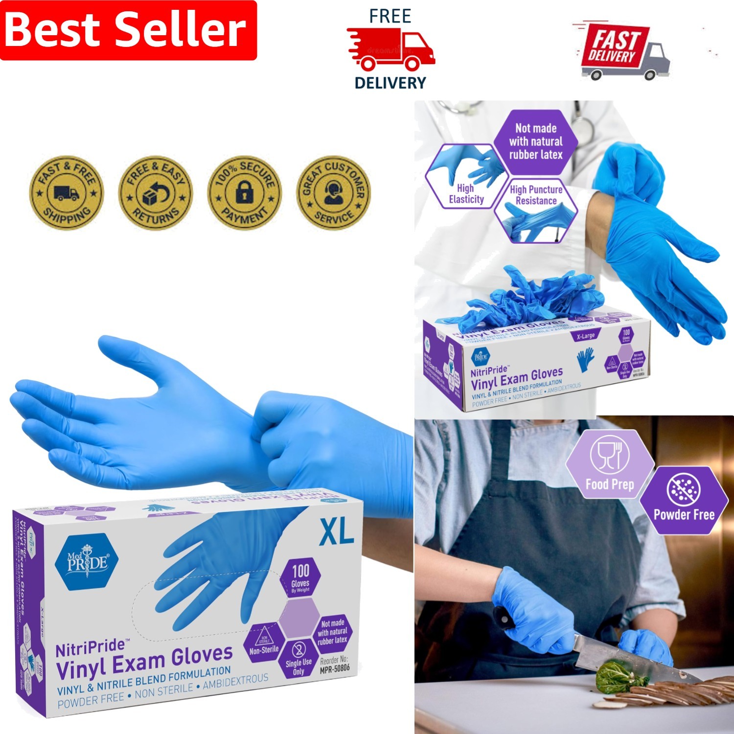 Nitrile/Vinyl Blend Disposable Exam Gloves – Powder-Free, Latex-Free, Box of 100