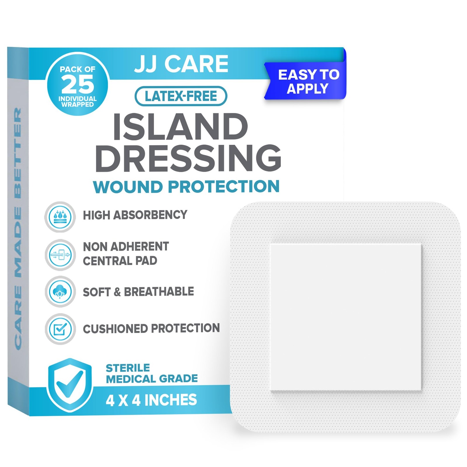 JJ CARE Adhesive Island Dressing [Pack of 25], 4×4 Inch (Pack 25)